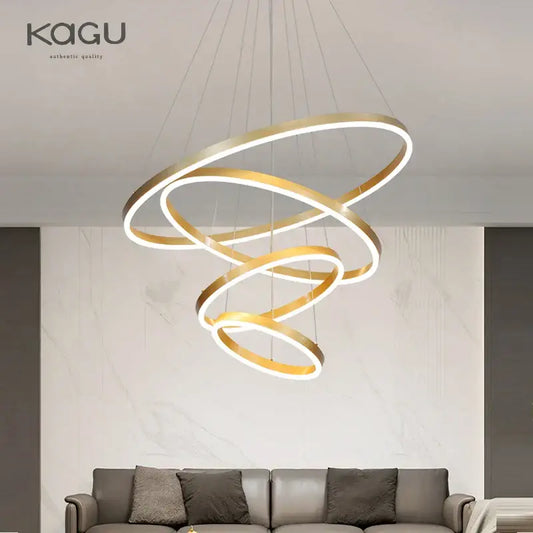Modern gold spiral ring pendant light with illuminated edges featuring minimalist decorbites black led rings design