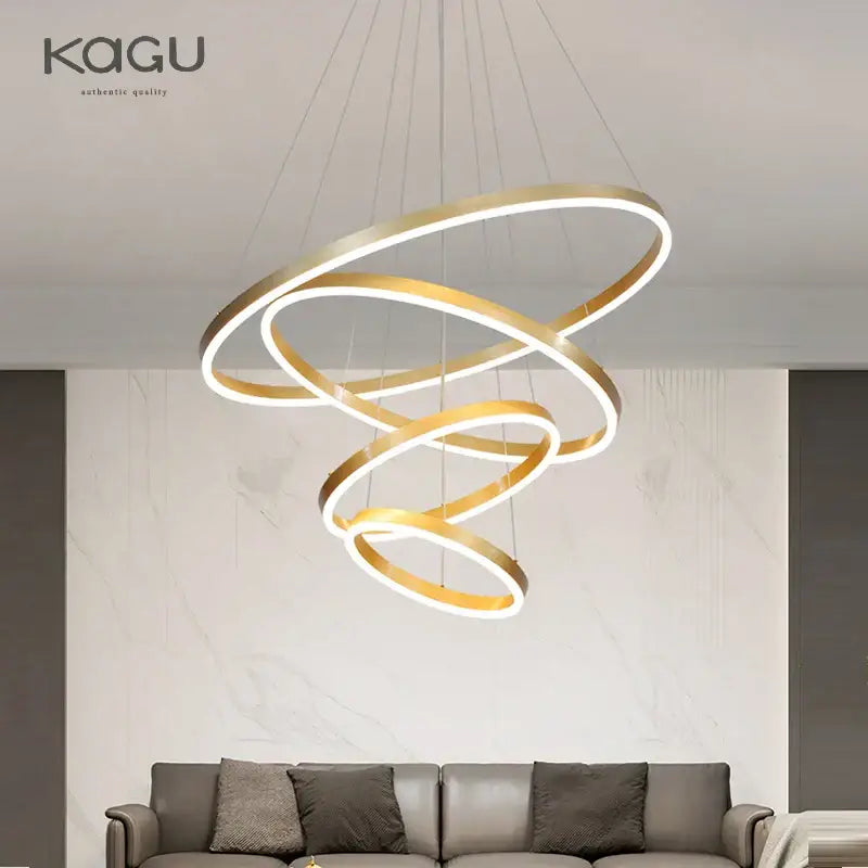 Modern gold spiral ring pendant light with illuminated edges featuring minimalist decorbites black led rings design