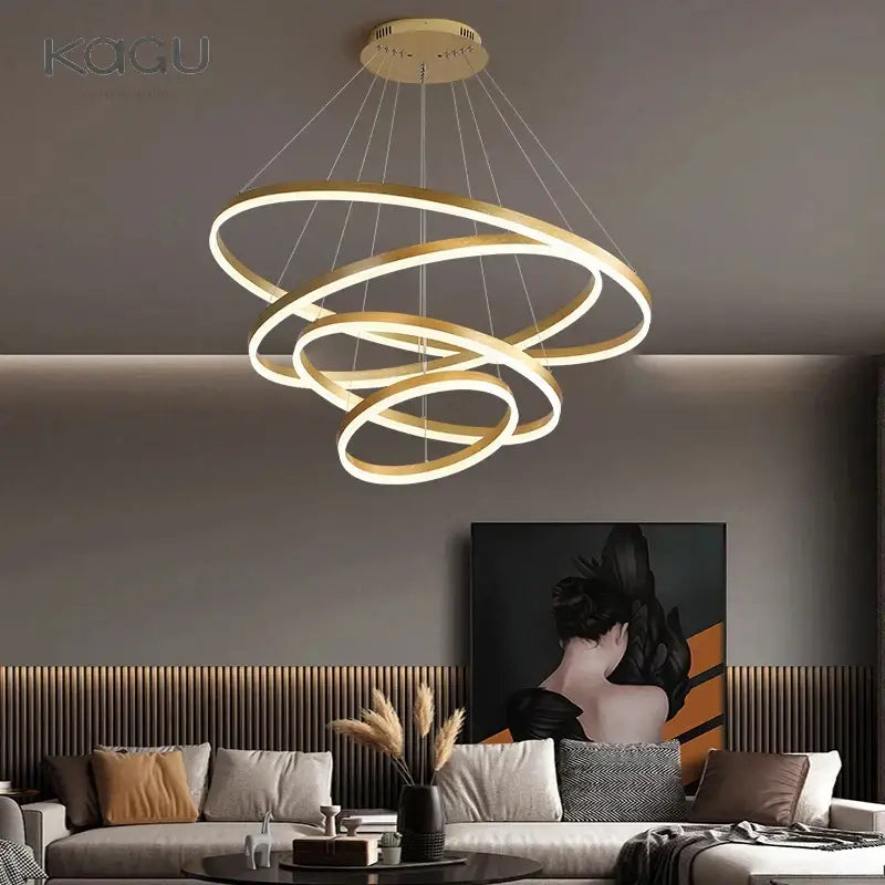 Modern gold spiral ring pendant light with gold-toned interlocking rings ideal for dining room decorbites black led decor