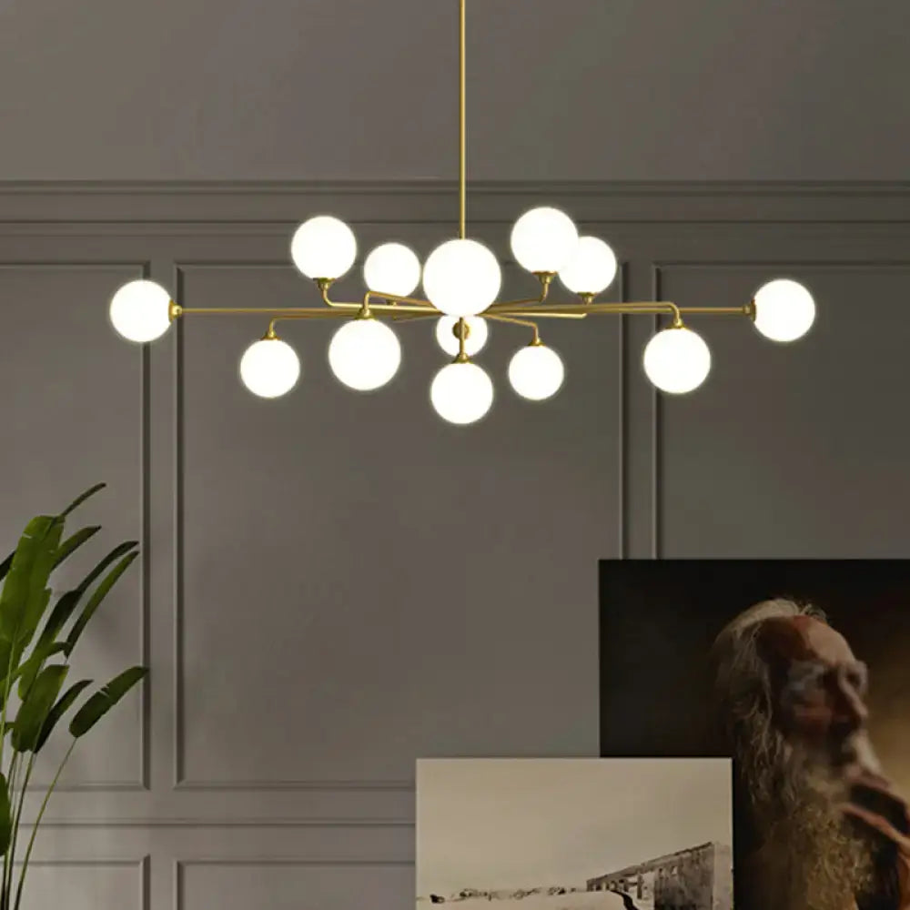 Gold metal sputnik pendant lighting with white glass shades and multiple heads for modern living room decor