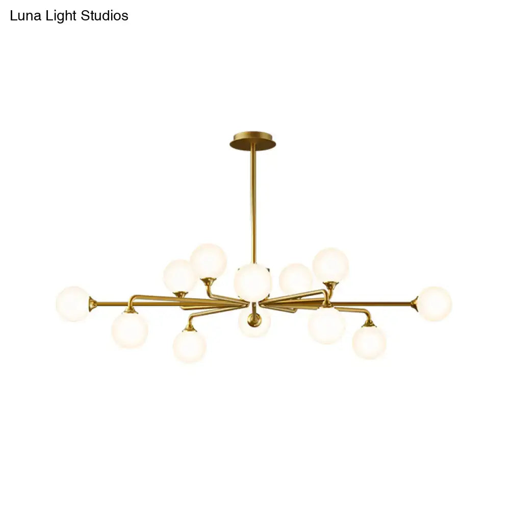Gold-toned modern sputnik pendant lighting with white glass shades featuring 12 heads for stylish living room decor