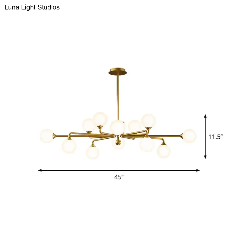 Gold-toned modern sputnik pendant lighting with white glass shades designed for living room with multiple globe bulbs
