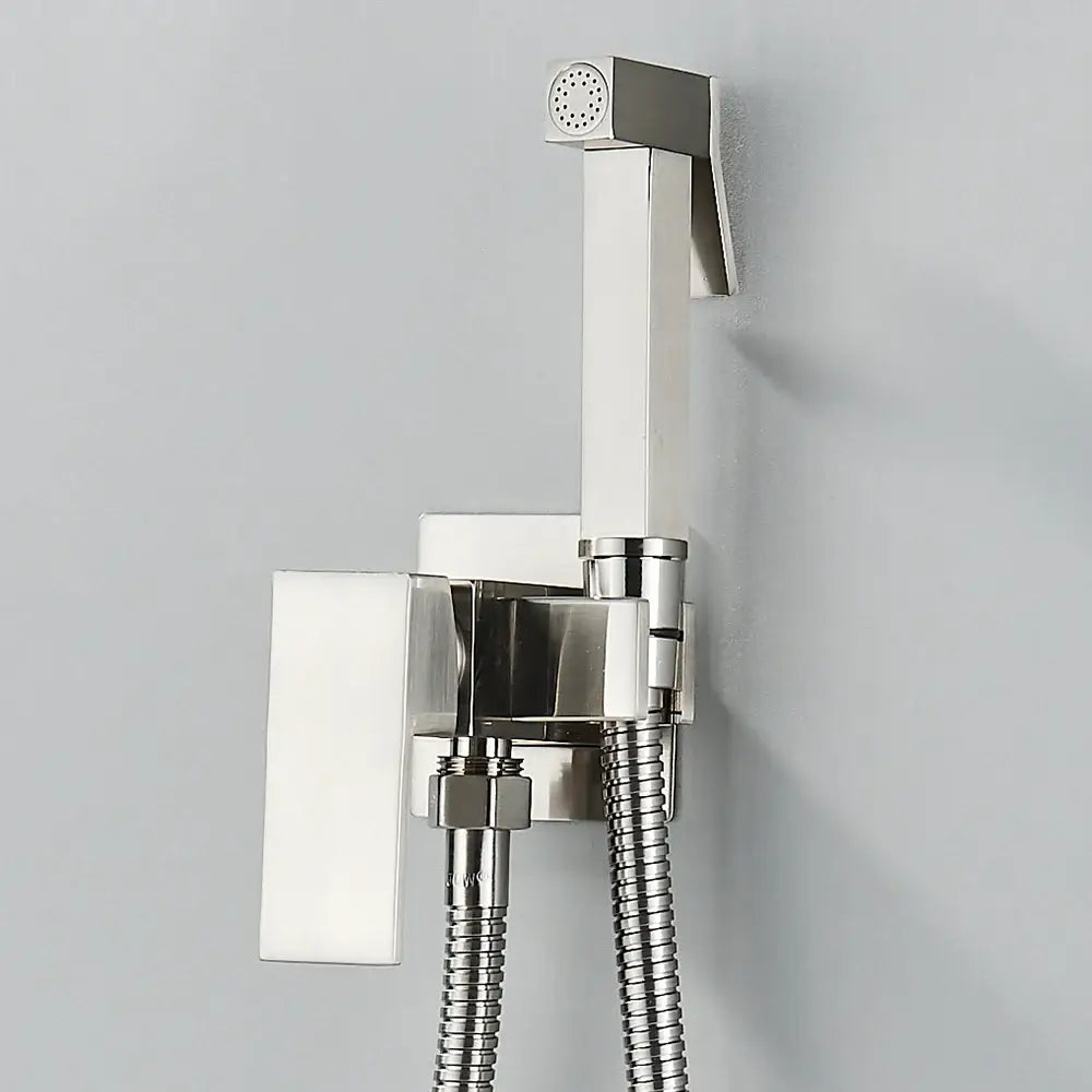 Modern brushed stainless steel wall-mounted bidet shower faucet with sleek rectangular design and flexible hose