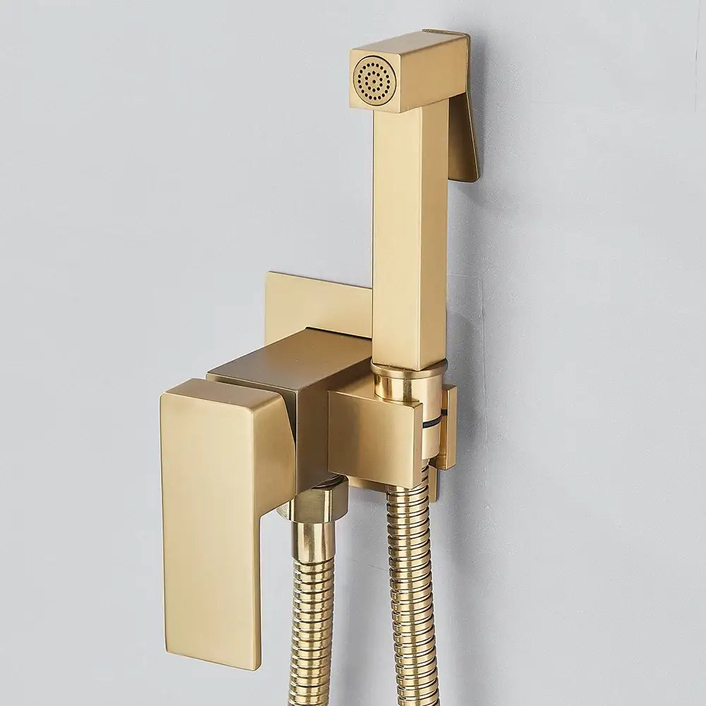 Modern gold square bidet shower faucet with metallic finish and flexible hose for bathroom wall mounted use