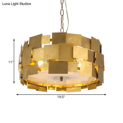 Kit de lámpara colgante moderna dorada con panel cuadrado - Lámpara de techo metálica cilíndrica de 6 bombillas