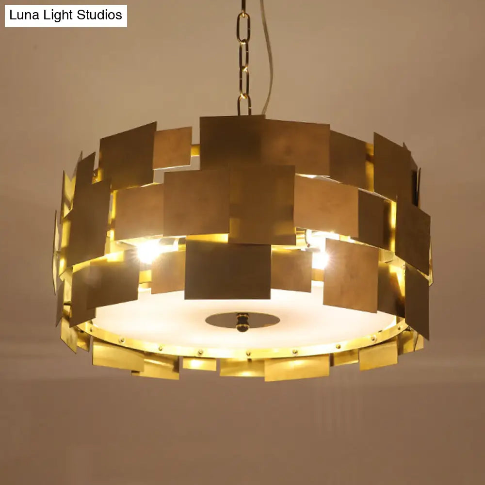 Kit de lámpara colgante moderna dorada con panel cuadrado - Lámpara de techo metálica cilíndrica de 6 bombillas