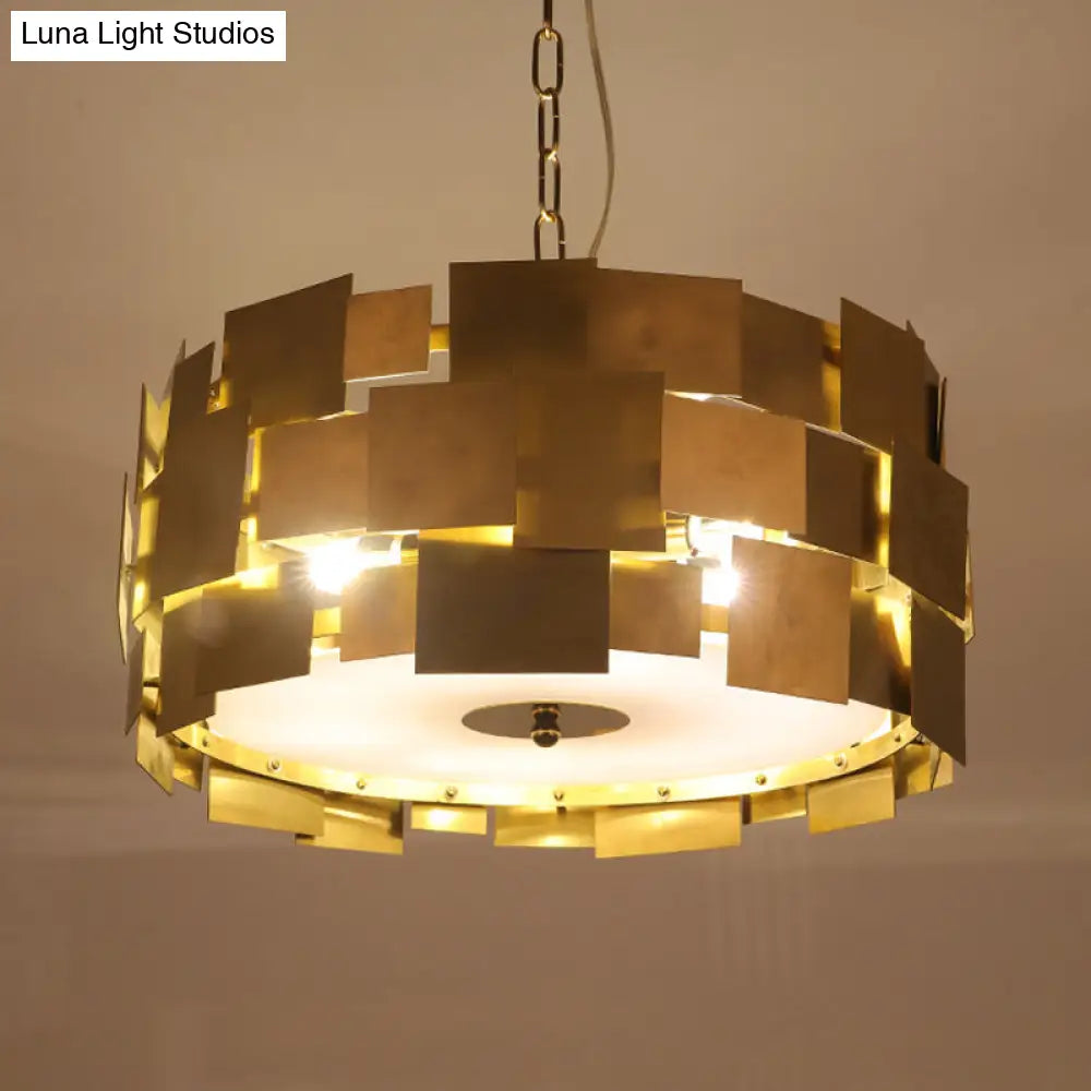 Kit de lámpara colgante moderna dorada con panel cuadrado - Lámpara de techo metálica cilíndrica de 6 bombillas