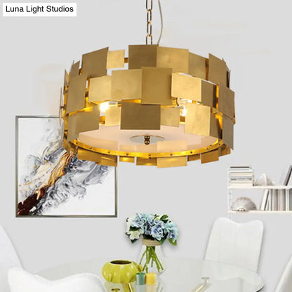 Kit de lámpara colgante moderna dorada con panel cuadrado - Lámpara de techo metálica cilíndrica de 6 bombillas