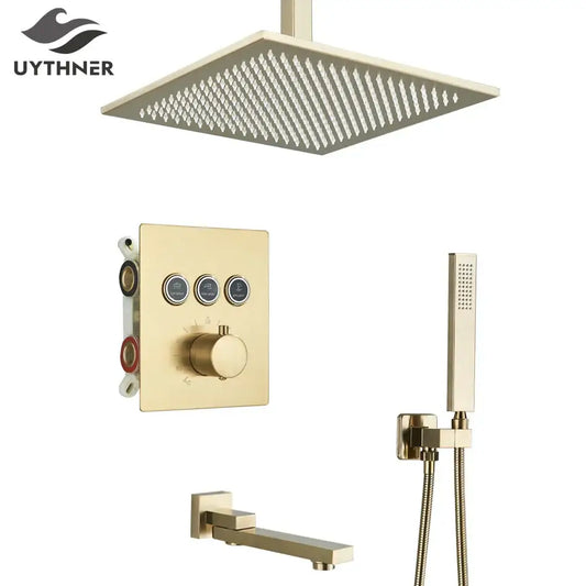 Modern gold square rainfall shower faucet mixer set with fine spray nozzles and matching handheld shower faucet