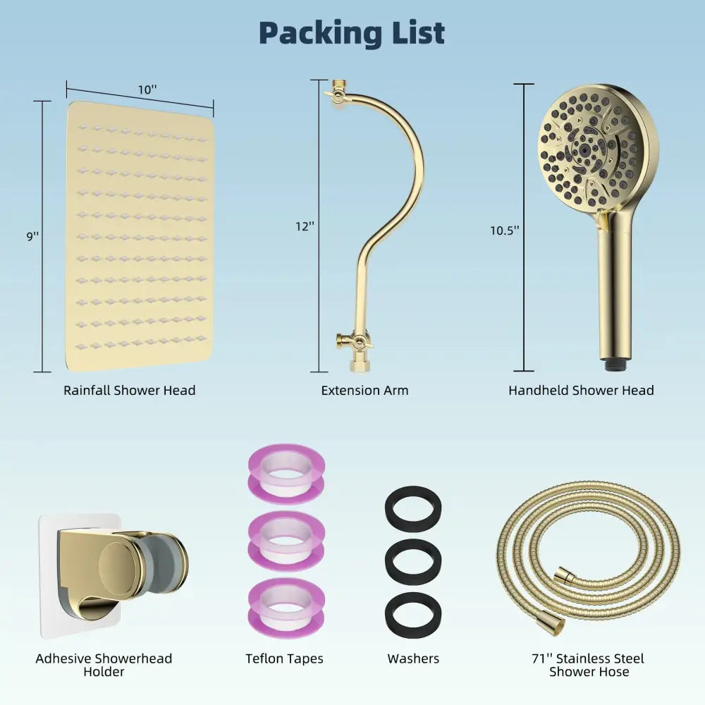 Modern gold square rainfall shower head with gold finish and rectangular grid surface measuring 10 by 9 inches