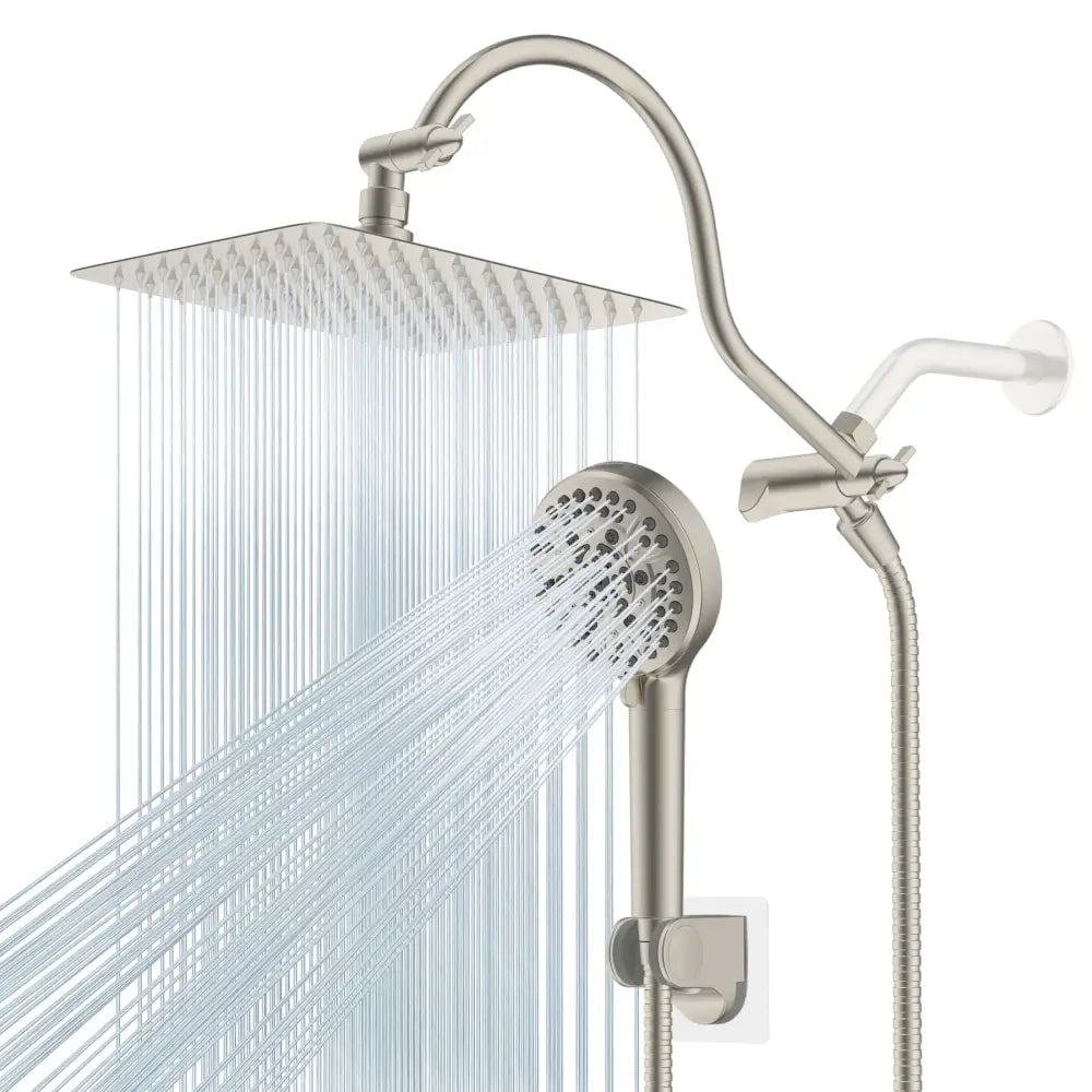 Modern gold square rainfall shower head combo with stainless steel rain shower head and matching handheld shower attachment