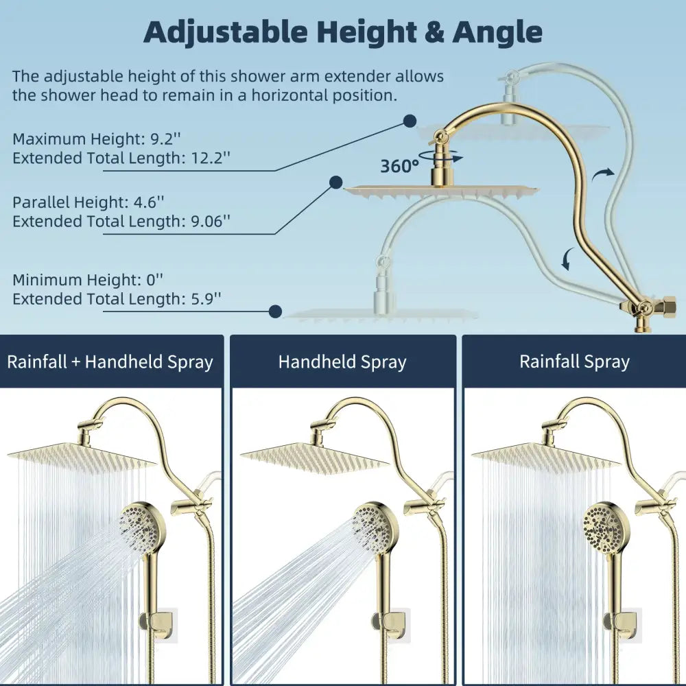 Modern gold square rainfall shower head combo with gold-finished adjustable shower arm extender and handheld spray nozzle