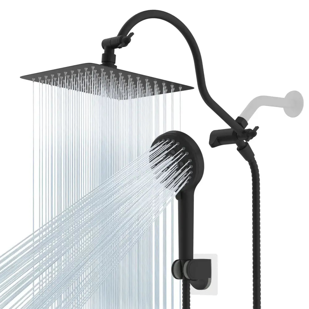 Black matte-finish modern shower head system with square rainhead and handheld spray head for bathroom use
