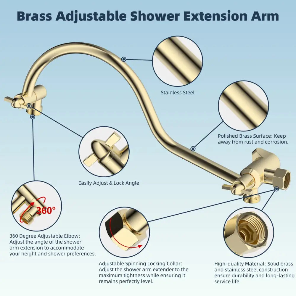 Gold-toned brass adjustable shower extension arm with polished finish and stainless steel for modern shower head system