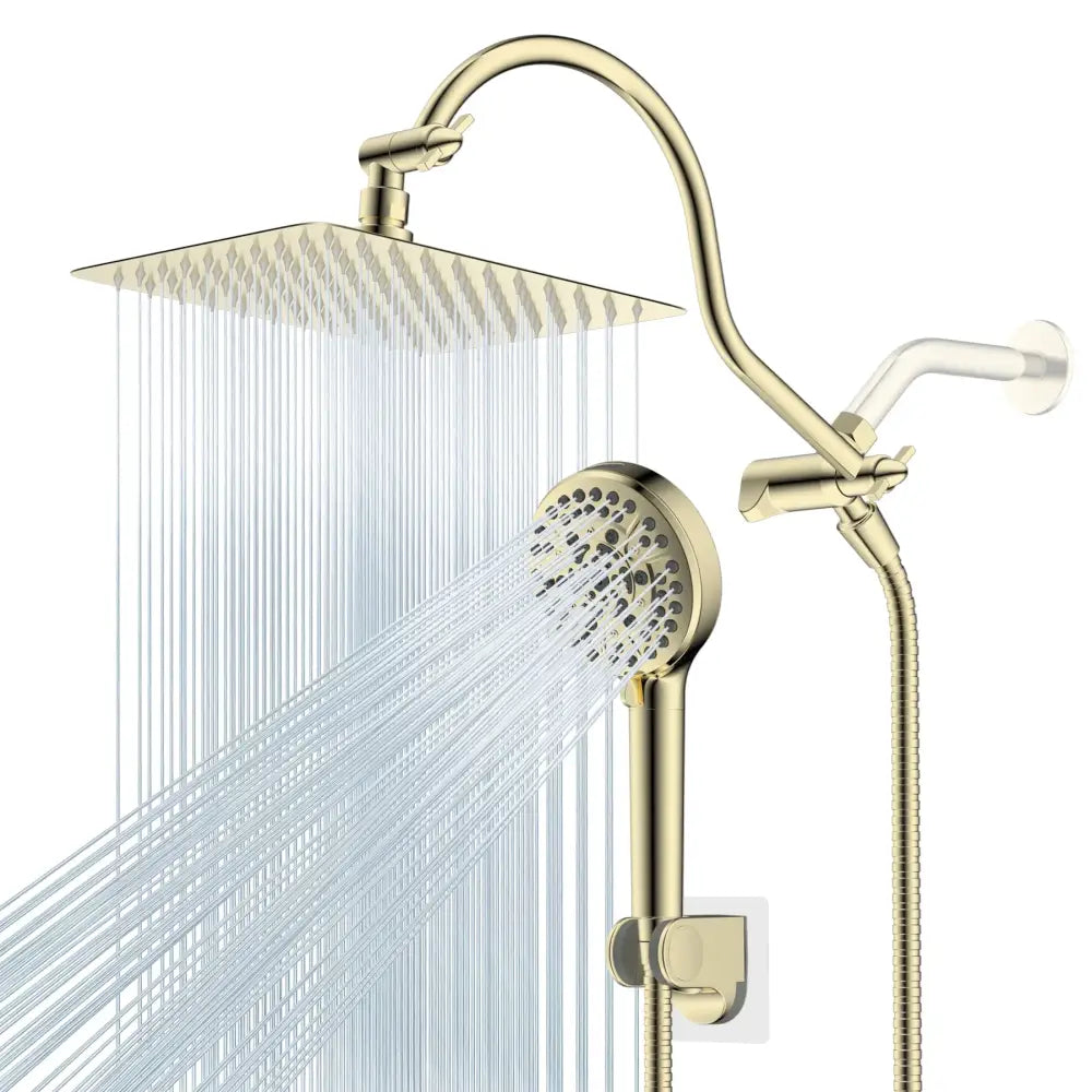 Modern gold square rainfall shower head combo bathroom system with textured diamond pattern and handheld spray head