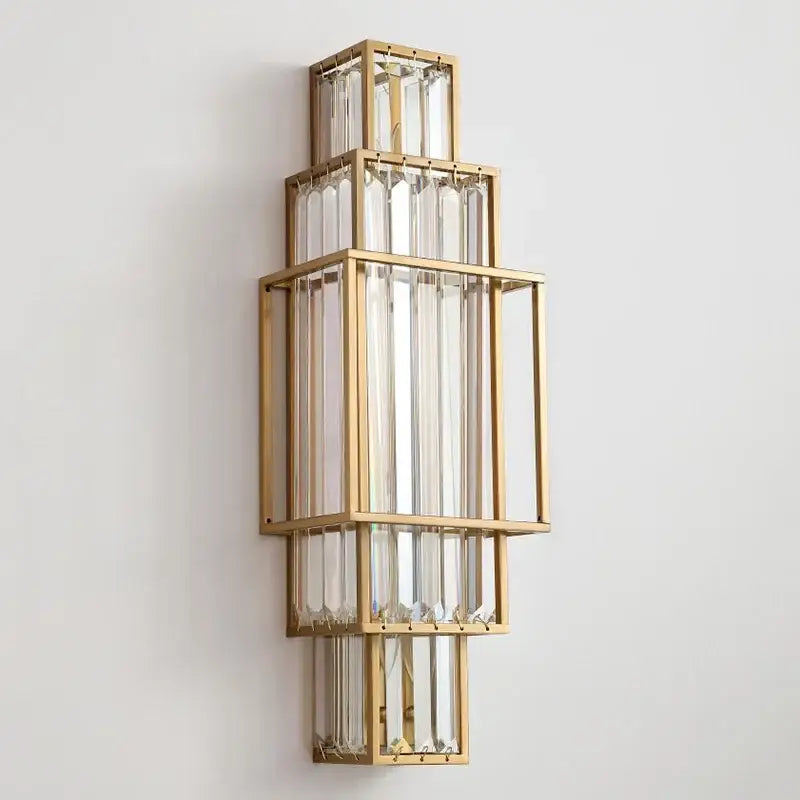 Modern gold stacked crystal wall lamp with geometric frames and clear glass crystal rods for luxury bedroom lighting