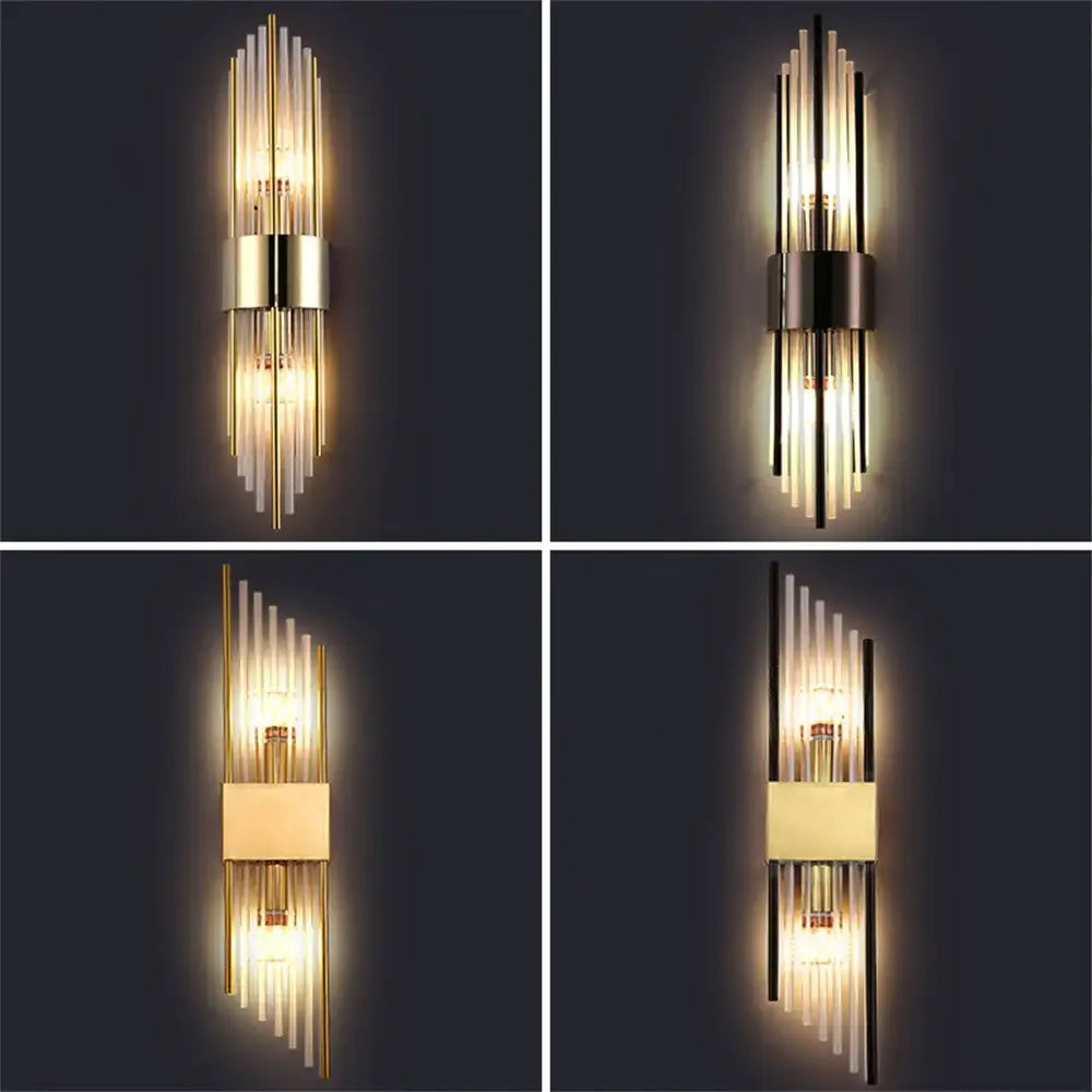 Modern gold stainless steel wall lamp with clear crystal vertical glass rods and metallic accents for bedroom sconce