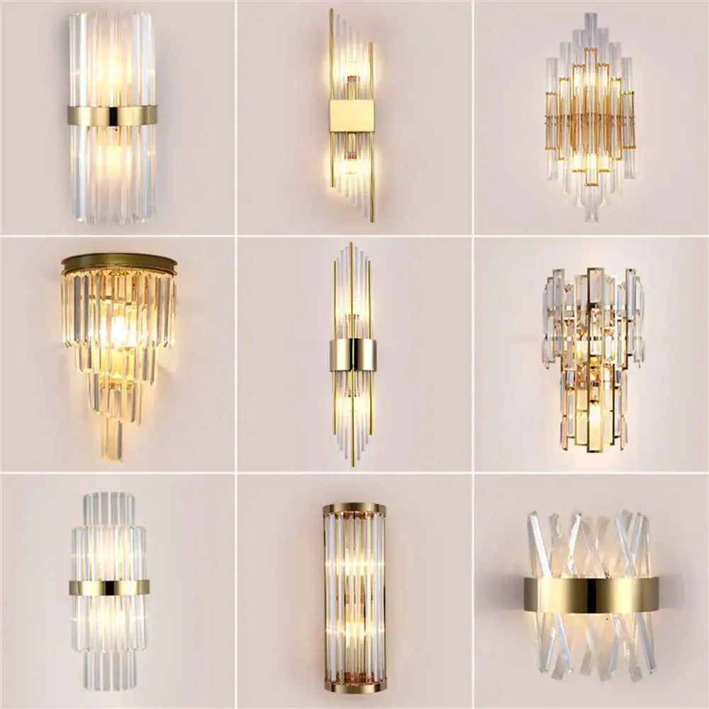 Modern gold stainless steel wall lamp with clear crystal rods and elegant design for bedroom sconce lighting