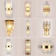 Modern gold stainless steel wall lamp with clear crystal rods and elegant design for bedroom sconce lighting