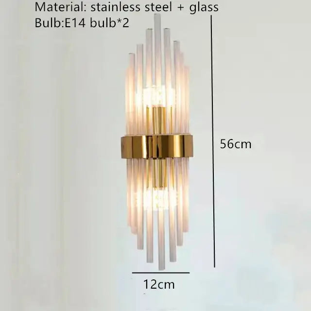 Modern gold stainless steel wall lamp with clear crystal vertical glass rods and stainless steel accents for bedroom sconce