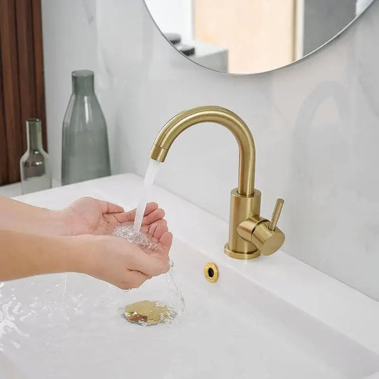 Modern gold stainless steel basin faucet with brass finish curved spout and single lever handle decorbites gold stainless