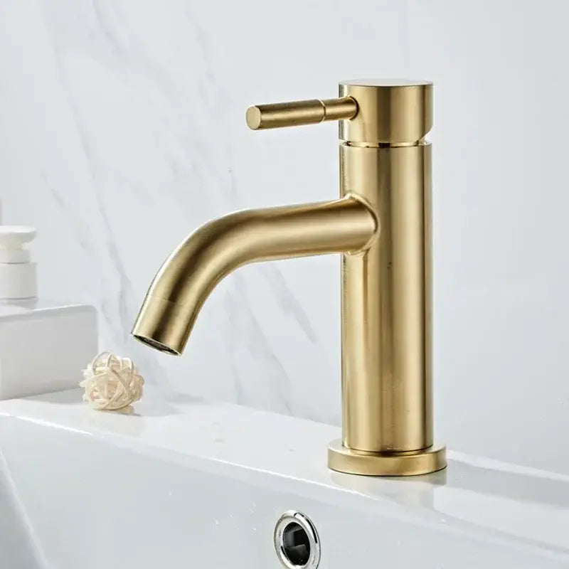 Modern gold stainless steel basin faucet with brushed gold finish and minimalist design for bathroom decorbites gold stainless