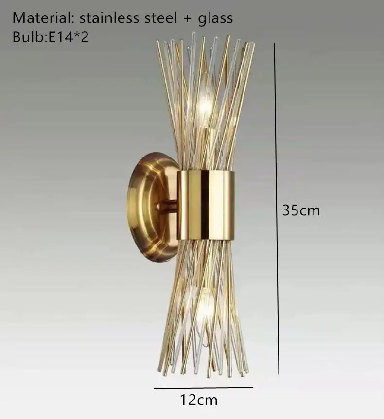 Modern gold stainless steel wall sconce with fluted glass rods and a spiky design for bedroom decorbites gold stainless