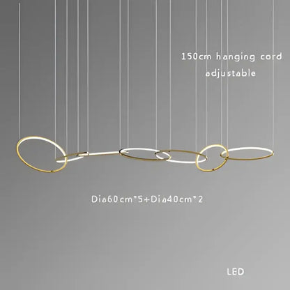 Modern gold stainless steel pendant lamp with interconnected gold-toned rings and led illumination for kitchen decorbites