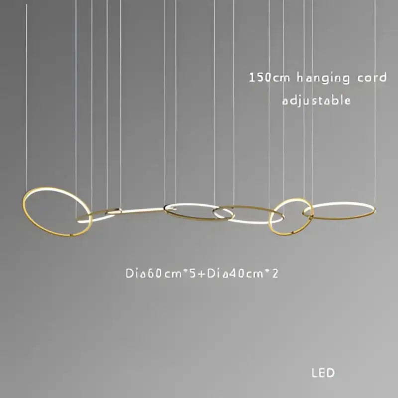 Modern gold stainless steel pendant lamp with interconnected gold-toned rings and led illumination for kitchen decorbites
