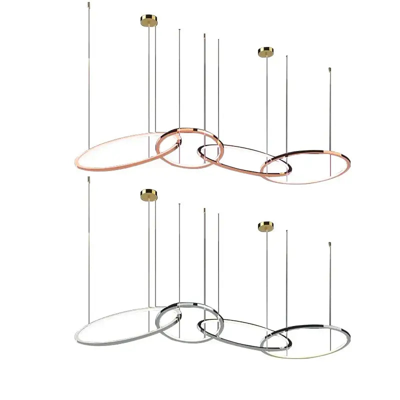 Modern gold stainless steel pendant lamp with overlapping rose gold and chrome rings for kitchen decorbites gold stainless