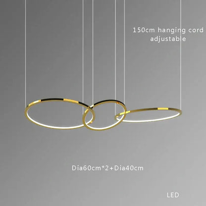 Modern gold stainless steel pendant lamp with three interlocking circular rings and adjustable cord for kitchen decorbites gold stainless