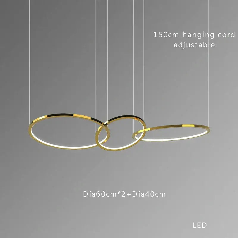 Modern gold stainless steel pendant lamp with three interlocking circular rings and adjustable cord for kitchen decorbites gold stainless