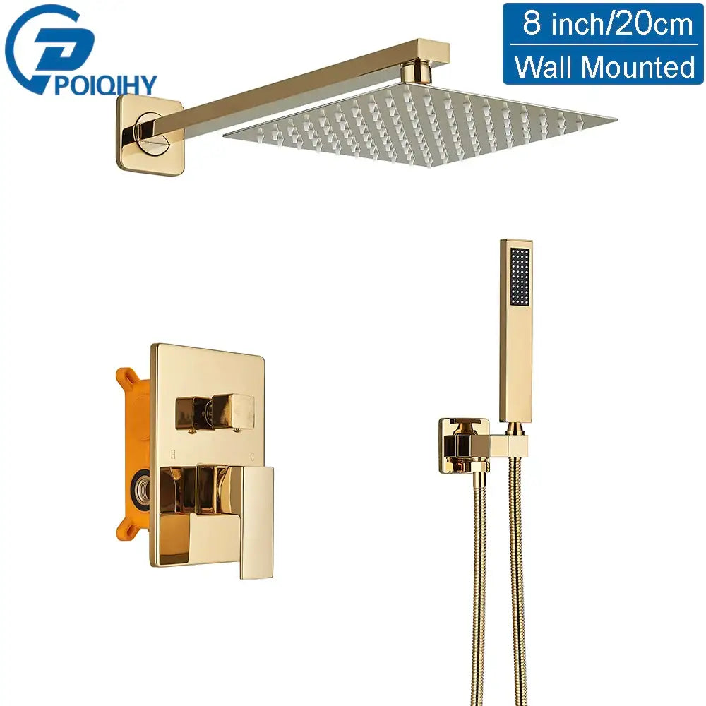 Modern gold stainless steel wall-mounted shower head set with square rainhead handheld shower and matching control panel