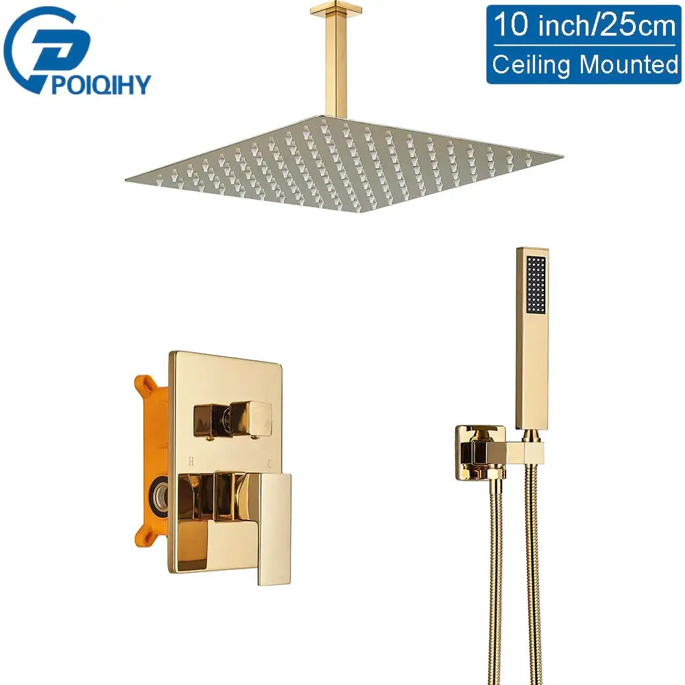 Modern gold stainless steel rainfall shower head set with 10-inch square ceiling-mounted shower head and handheld unit