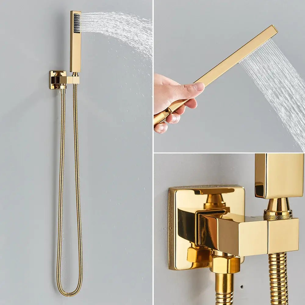 Modern gold stainless steel rainfall shower head set with a sleek square design and handheld nozzle for bathroom use