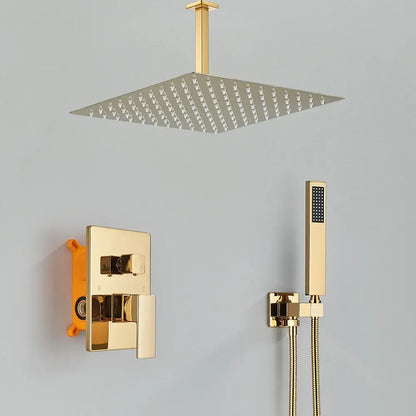Modern gold stainless steel shower head set with square rainfall head and matching handheld attachment for bathroom use