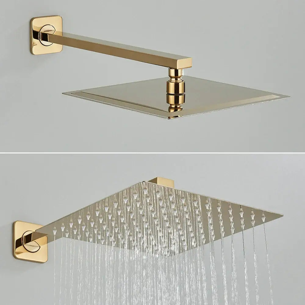 Modern gold stainless steel shower head with sleek square design and polished metallic rainfall finish for bathroom use
