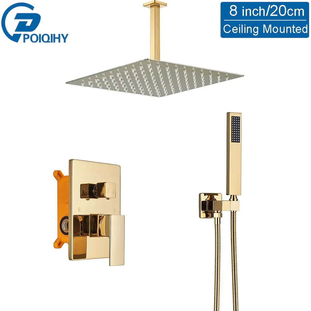Modern gold stainless steel rainfall shower head and handheld set with square ceiling-mounted design and sleek metallic finish