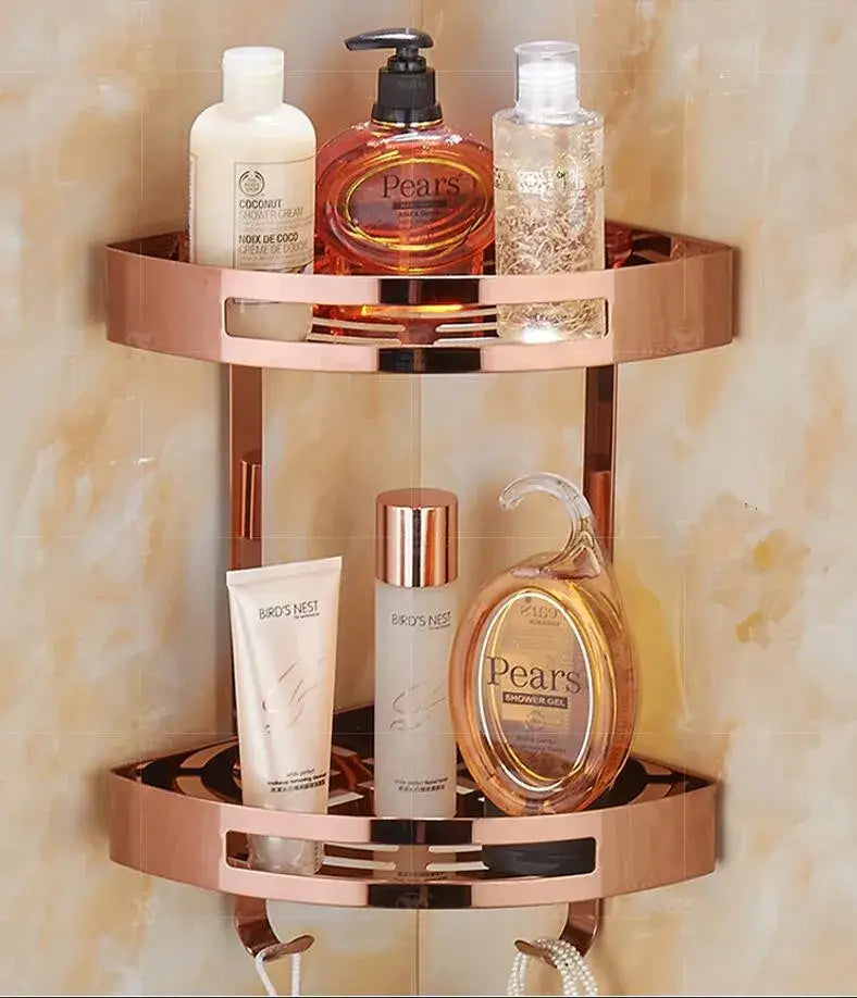Modern gold stainless steel two tier corner shelf shower caddy with rose gold finish and transparent glass inserts by decorbites gold stainless