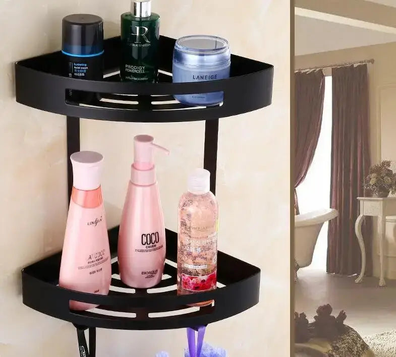 Black double-tiered corner shelf shower caddy with perforated shelves and stainless steel decorbites gold stainless finish