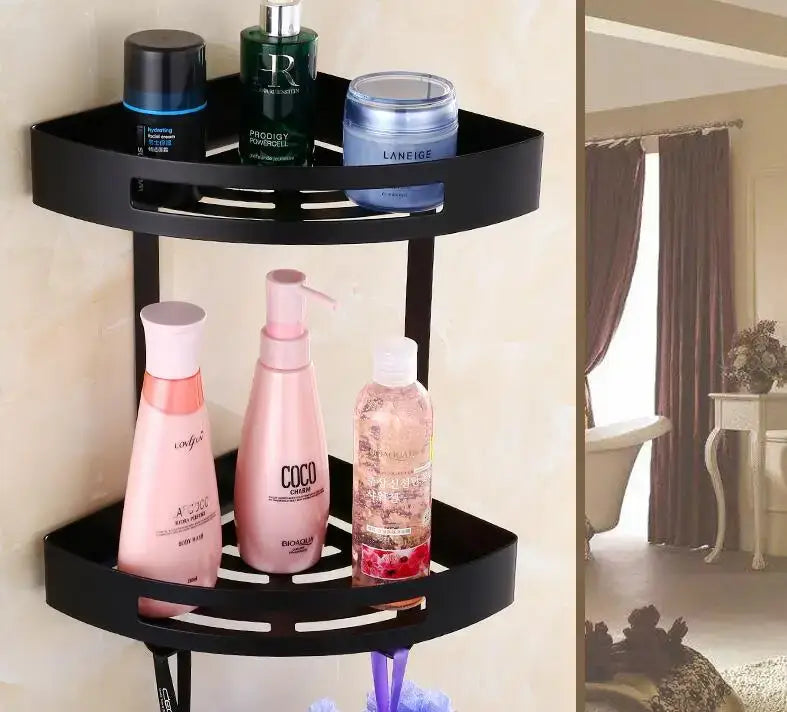 Black metal corner shelf holding toiletries for bathroom shower caddy decorbites gold stainless steel corner shelf