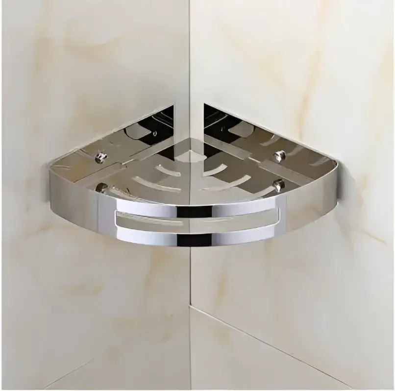Modern gold stainless steel two tier corner shelf shower caddy with chrome finish and perforated surface for drainage