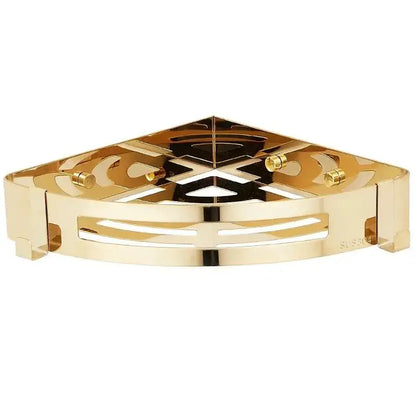 Modern gold stainless steel two tier corner shelf with geometric cutout pattern for bathroom shower caddy from decorbites
