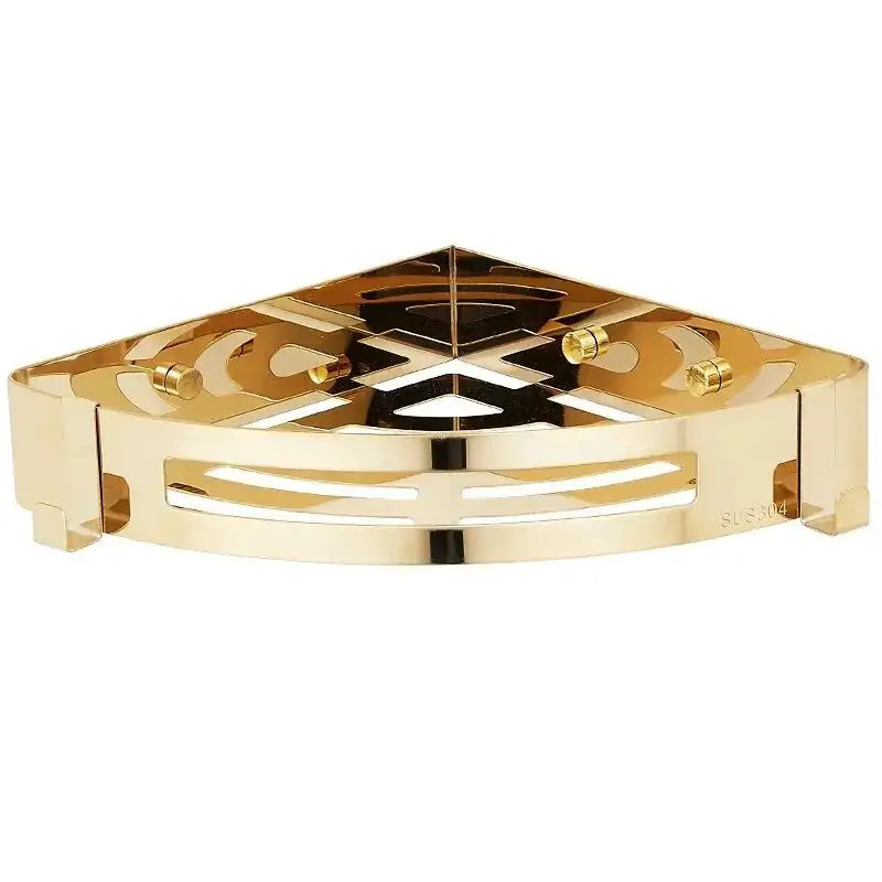Modern gold stainless steel two tier corner shelf with geometric cutout pattern for bathroom shower caddy from decorbites