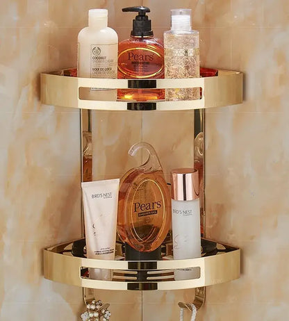 Modern gold stainless steel two tier corner shelf shower caddy with sleek metallic finish and integrated hooks decorbites gold stainless