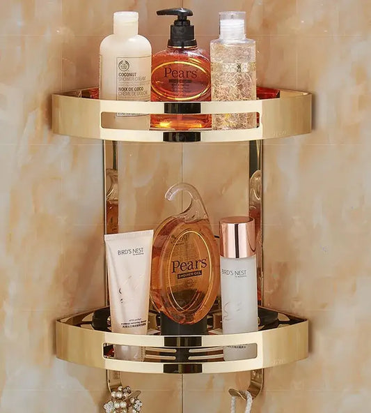 Modern gold stainless steel two tier corner shelf shower caddy with sleek metallic finish and integrated hooks decorbites gold stainless