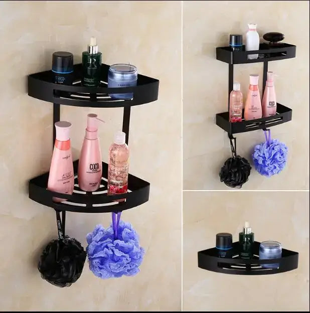 Black corner shower caddy with two tiers and hanging loops for bath sponges stainless steel corner shelf decorbites gold stainless