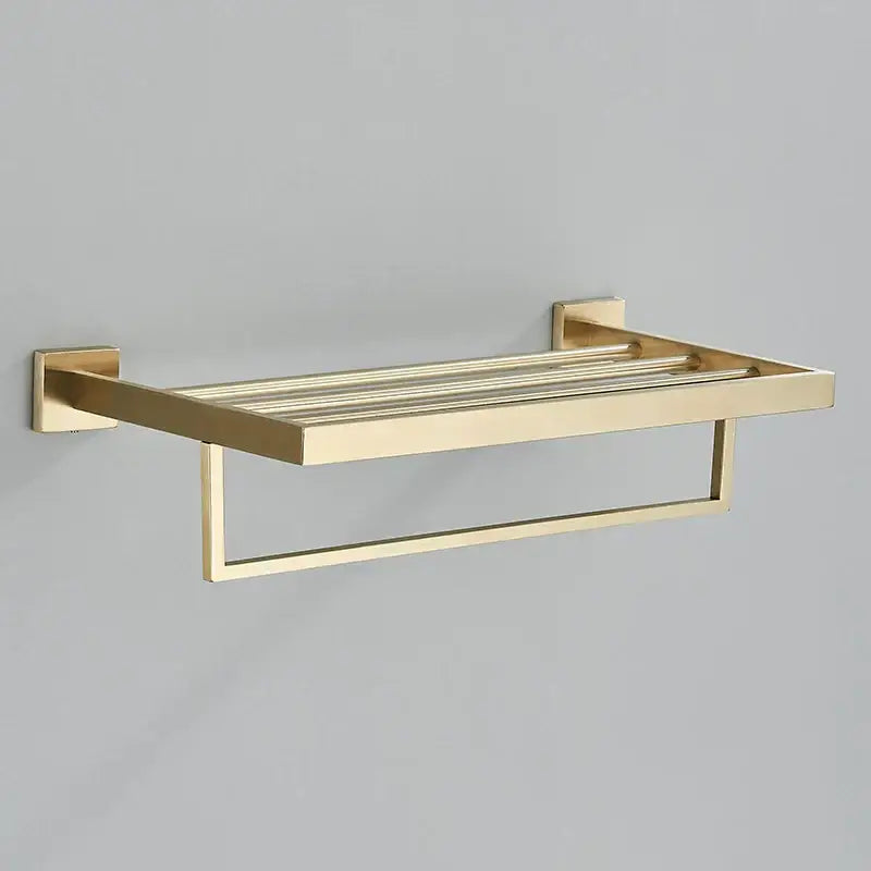 Modern gold stainless steel wall mount towel rack with sleek parallel bars and square mounts for bathroom use