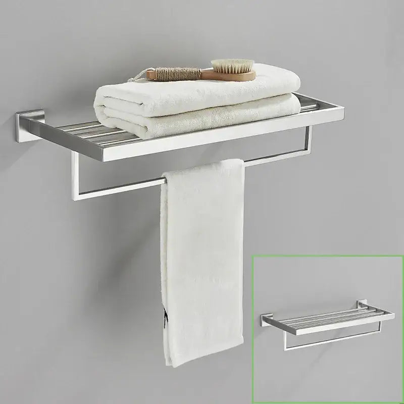 Modern chrome finished stainless steel wall mount towel rack with upper shelf and lower hanging bar for bathroom use