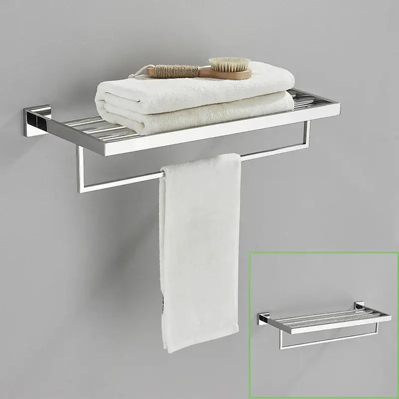 Modern gold stainless steel wall mount towel rack with chrome finish flat shelf and hanging bar in sleek design